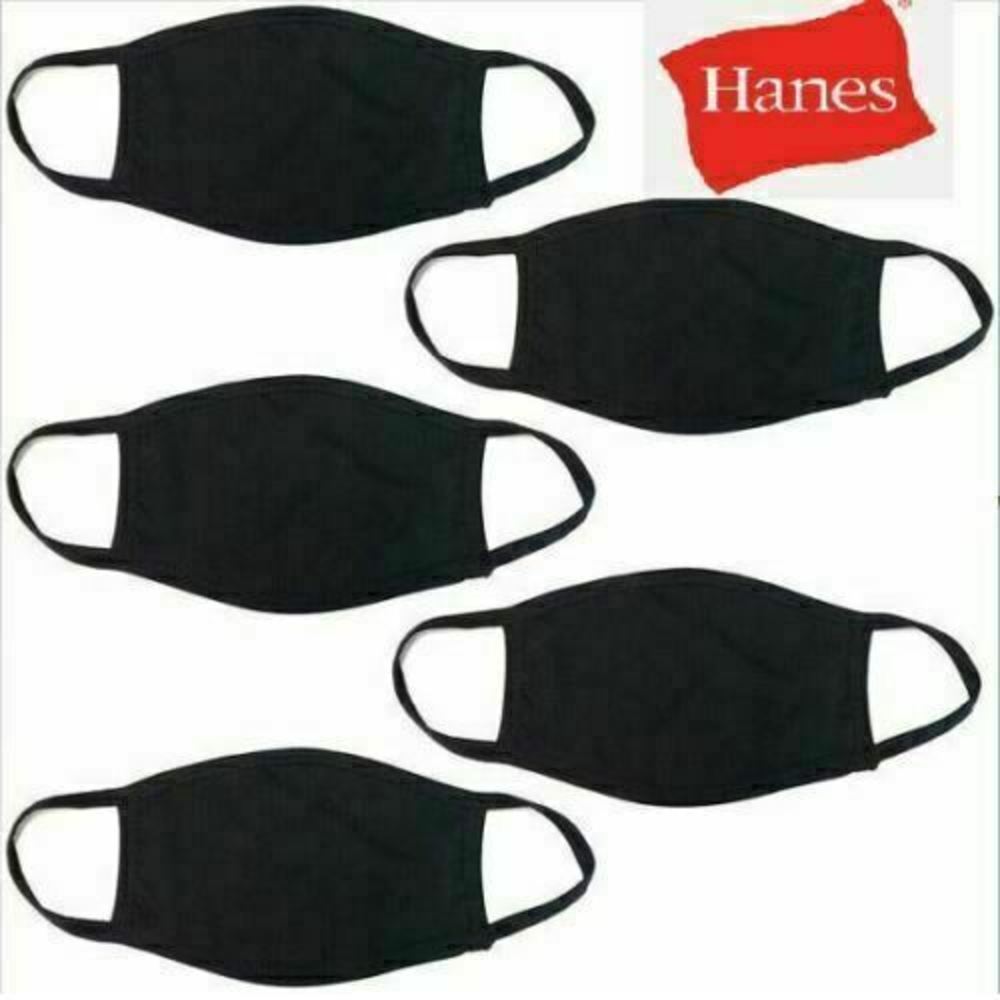 5 Pack Hanes Face Masks - Black Cotton Reusable Cover Face mask Cloth Facemask